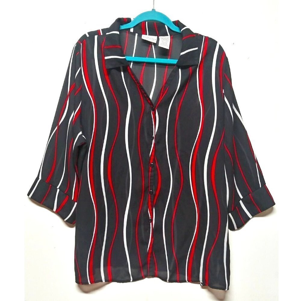 Womens career top 18W/20W black red white stripe semi-sheer WHITE STAG button-up